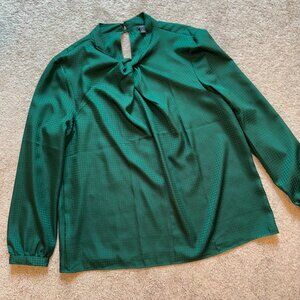 Ann Taylor Factory Dark Green Jacquard Knot Front Long Sleeve Blouse XL